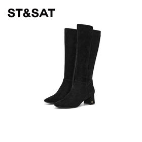 星期六简约百搭粗跟绒面长筒靴SSC4117P10