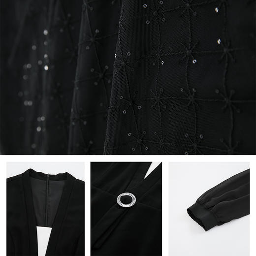 司歌假两件连衣裙刺绣七分袖V领小黑裙A901110X 商品图4