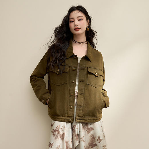 西遇咖色牛仔外套女新款宽松美式复古工装翻领水洗夹克13542553 商品图4