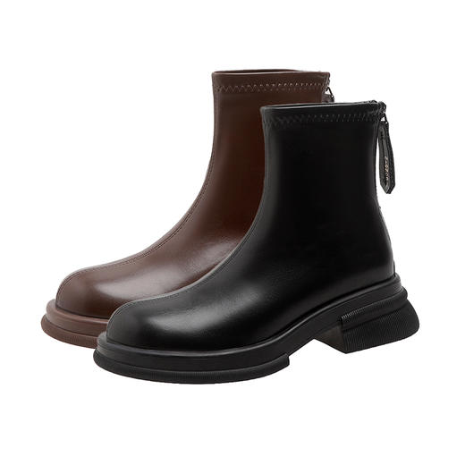 西遇圆头短靴女新款秋冬法式单靴切尔西靴黑色厚底弹力瘦瘦靴V0047788 商品图4