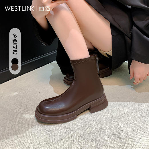 西遇圆头短靴女新款秋冬法式单靴切尔西靴黑色厚底弹力瘦瘦靴V0047788 商品图0