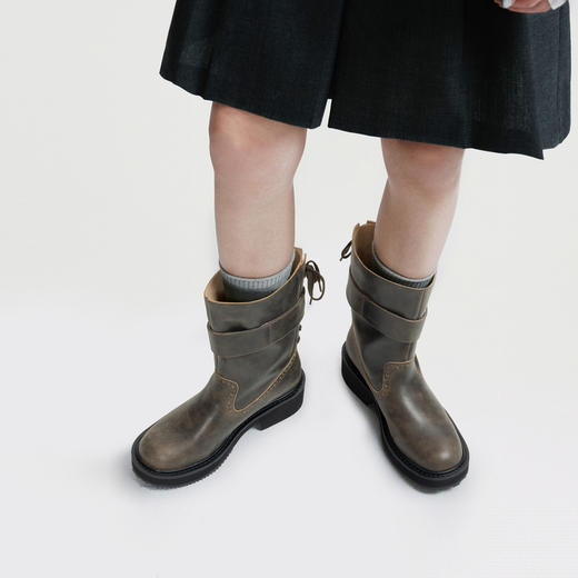 lost in echo2024秋冬新款时尚圆头扣饰厚底机车靴皮靴中筒靴子女 商品图3
