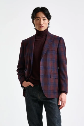 Scabal Escape 羊绒羊毛混织酒红色格纹全麻衬单西