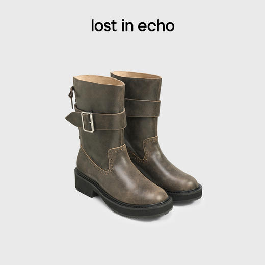 lost in echo2024秋冬新款时尚圆头扣饰厚底机车靴皮靴中筒靴子女 商品图0