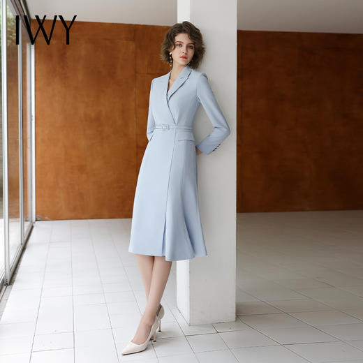 IWY/蓝色连衣裙女秋冬名媛知性职业西装裙修身显瘦艺考面试工作Q14302 商品图4