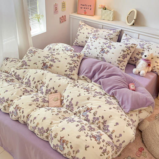 占姆士奥莱款【牛奶绒四件套】秋冬加厚小清新法莱绒床单 床笠被套三件套 床上用品 商品图10