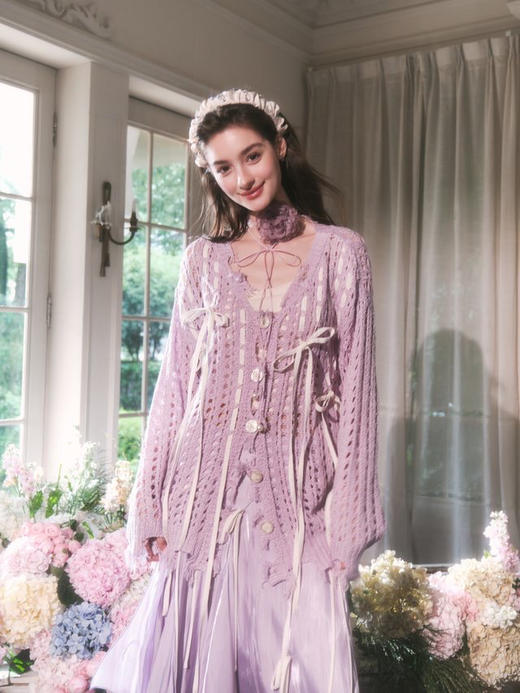 藕荷色针织不规则飘带镂空长开衫 商品图0