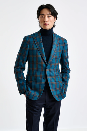 Scabal Escape 羊绒羊毛混织蓝色格纹全麻衬单西