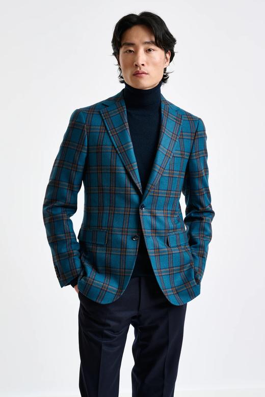Scabal Escape 羊绒羊毛混织蓝色格纹全麻衬单西 商品图0