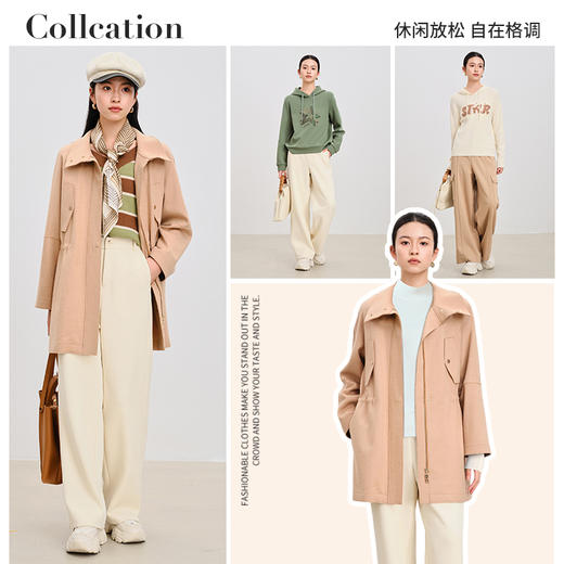 【商场同款】CNJ4978“随性风衣外套”气质卡其色  羊毛针织呢外套 松弛H版型 立翻领设计 干练利落 腰部抽绳 通勤风衣 商品图9