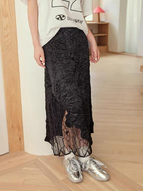 哑光缎面压皱定制蕾丝刺绣开叉半裙