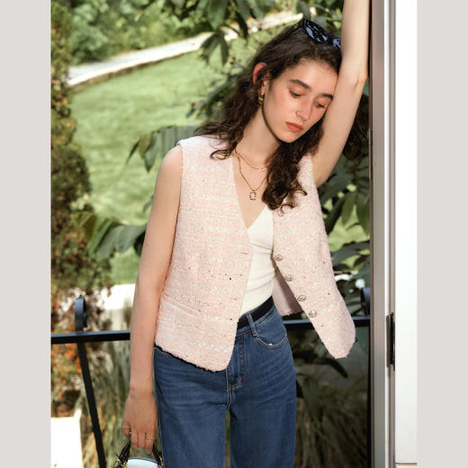 OLrain欧芮儿法式小香风马甲女秋季2024年新款优雅V领无袖上衣 商品图4