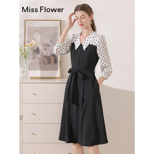 勿忘花黑色气质拼接时尚连衣裙女2024秋季新款假两件收腰显瘦裙子 商品图0