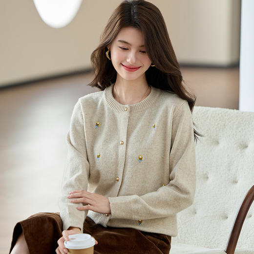 CC-J846早秋钉珠绣花针织开衫女2024新款春秋外穿毛衣小个子短款外搭外套 商品图3