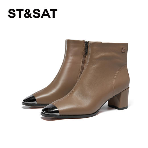 星期六极简金属方头粗跟羊皮短靴SSC4116361 商品图5