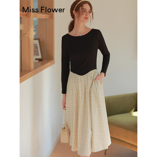 勿忘花黑色气质针织假两件连衣裙女2024秋季新款长袖内搭打底裙子 商品图0