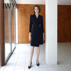 IWY/藏青色女秋季不规则连衣裙气质大学生教师工作服通勤OL西装裙单件Q13307-E