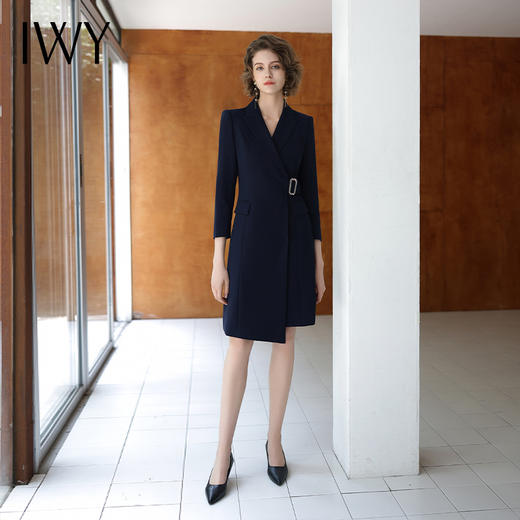 IWY/藏青色女秋季不规则连衣裙气质大学生教师工作服通勤OL西装裙单件Q13307-E 商品图0