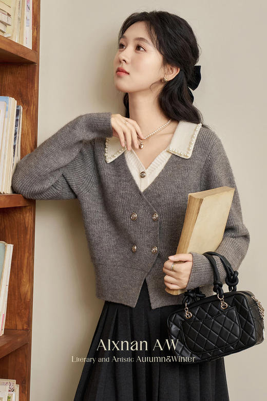 鹿向南「甜系珍妮弗」灰色假两件毛衣女2025秋冬慵懒风针织衫上衣 商品图5