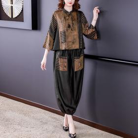 A5506阔太太香云纱复古印花上衣时尚套装女夏新款大码哈伦裤两件套