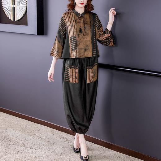 A5506阔太太香云纱复古印花上衣时尚套装女夏新款大码哈伦裤两件套 商品图0