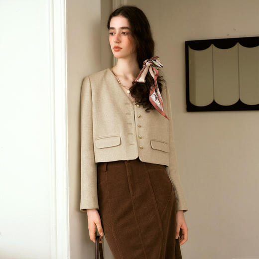 OLrain欧芮儿法式小香风短外套女秋季2024年新款通勤百搭V领上衣 商品图3