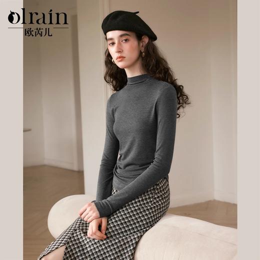 OLrain欧芮儿深灰色立领T恤女秋季2024年新款通勤长袖修身上衣 商品图0