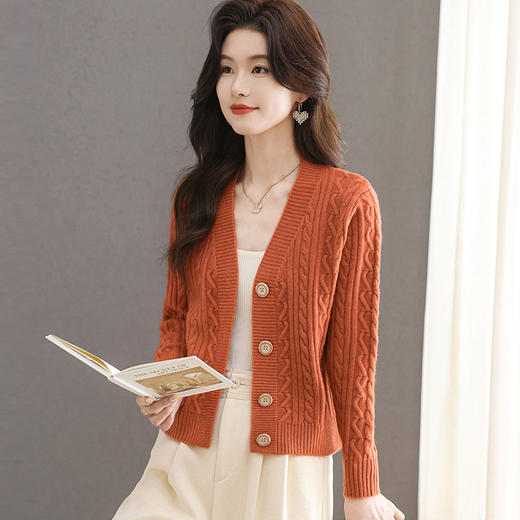 CC-101-36808   V领针织开衫女士2024秋装小个子羊毛短款外搭麻花上衣毛衣外套女 商品图1