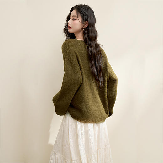 绵羊毛慵懒风针织衫女大圆领落肩袖宽松毛衣V3742603 商品图5