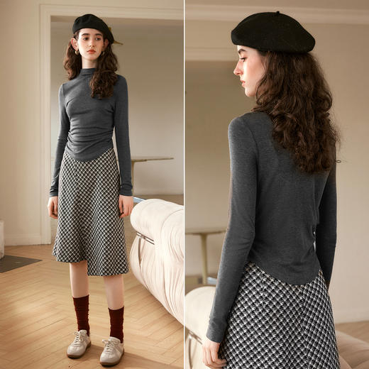 OLrain欧芮儿深灰色立领T恤女秋季2024年新款通勤长袖修身上衣 商品图2