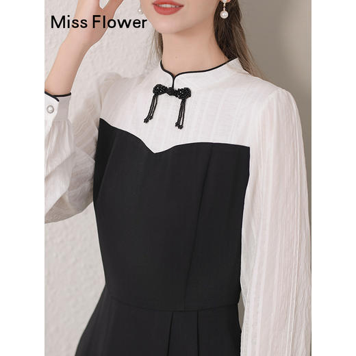 勿忘花黑色新中式改良旗袍连衣裙女装2024秋季新款气质假两件裙子 商品图2