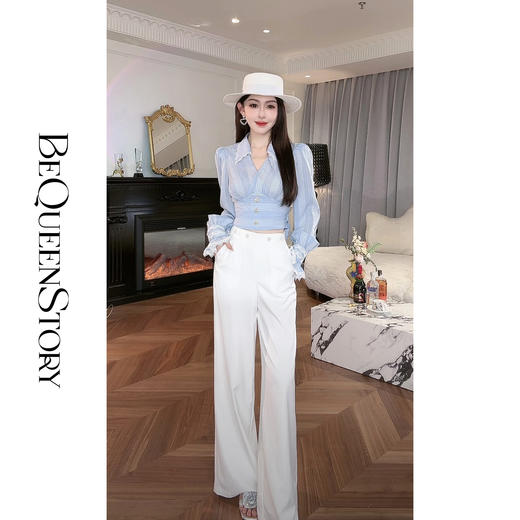 BeQueenStory【初吻玫瑰】设计感蕾丝花边烫钻收腰蓝色条纹衬衫 商品图4