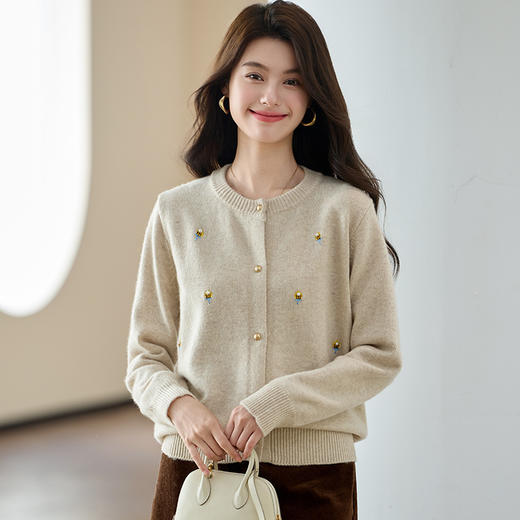 CC-J846早秋钉珠绣花针织开衫女2024新款春秋外穿毛衣小个子短款外搭外套 商品图1