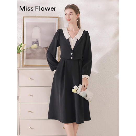 勿忘花黑色气质假两件连衣裙女装2024秋季新款遮肚子高腰显瘦裙子 商品图1