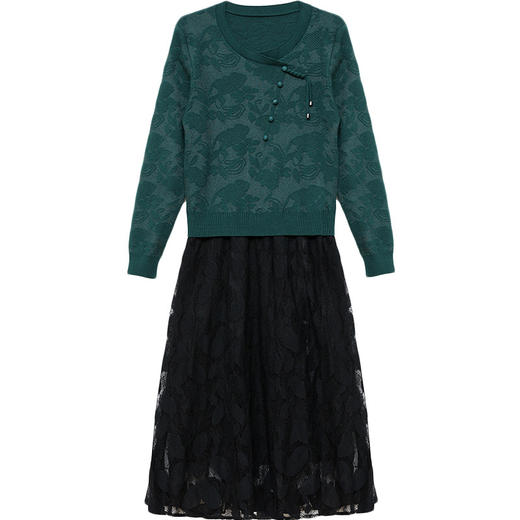 QYMXY-24LXB801-Y针织连衣裙女2024年新款毛衣裙拼结时尚蕾丝网纱裙长袖A字裙 商品图4