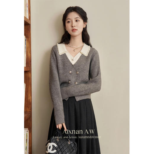 鹿向南「甜系珍妮弗」灰色假两件毛衣女2025秋冬慵懒风针织衫上衣 商品图2