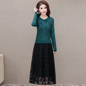 QYMXY-24LXB801-Y针织连衣裙女2024年新款毛衣裙拼结时尚蕾丝网纱裙长袖A字裙