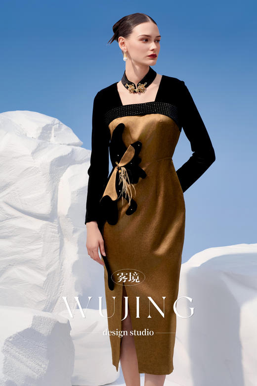 4202051 古潼怀金 进口双色醋酸连衣裙 雾境 商品图1