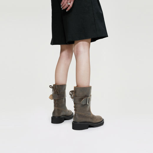 lost in echo2024秋冬新款时尚圆头扣饰厚底机车靴皮靴中筒靴子女 商品图2