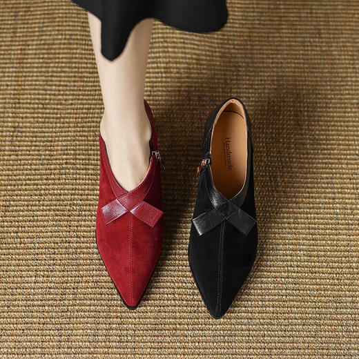 【预售5天】羊反皮女鞋秋冬季新款鞋子尖头粗跟高跟鞋磨砂窝窝鞋裸靴深口单鞋LD&6880 商品图2