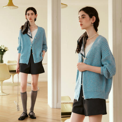OLrain欧芮儿法式蓝色毛衣女秋季2024年新款温柔风针织衫外套 商品图1