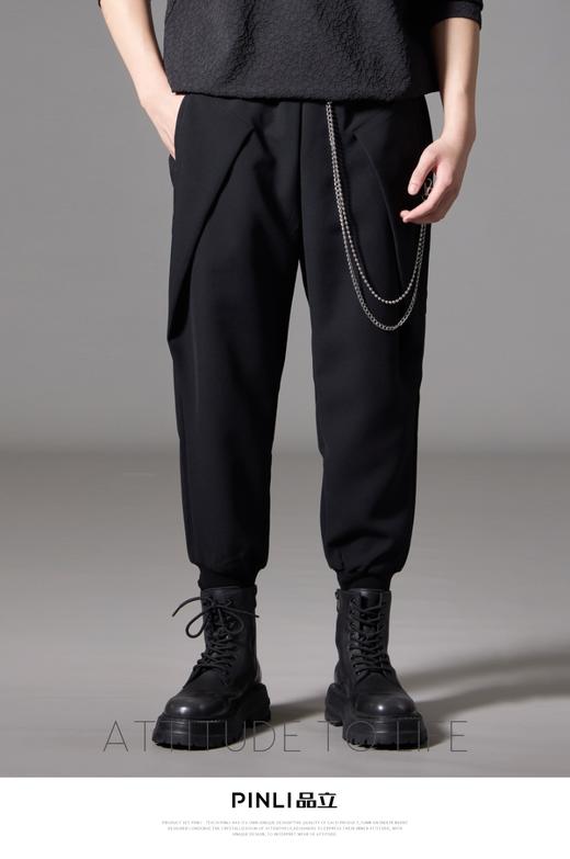 PINLI品立秋季新款宽松束脚九分裤男士潮牌个性黑色休闲裤子B243117051 商品图7