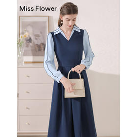 勿忘花蓝色法式假两件长袖连衣裙女2024秋季新款气质高腰修身裙子