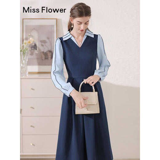 勿忘花蓝色法式假两件长袖连衣裙女2024秋季新款气质高腰修身裙子 商品图0