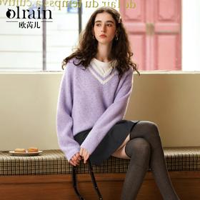 OLrain欧芮儿法式V领毛衣女冬季2024年新款慵懒风宽松针织套头衫