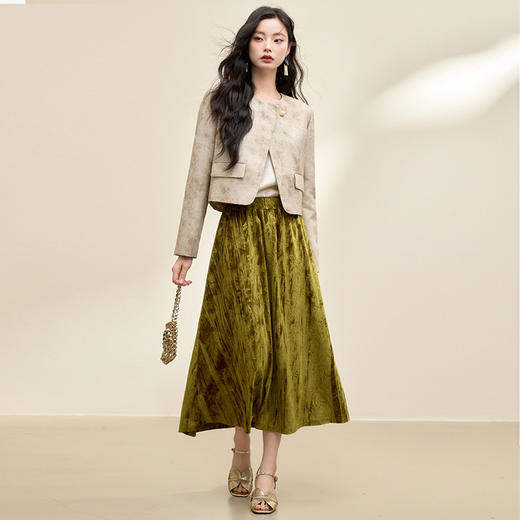 【东方之美】新中式国风丝绒竹叶提花半身裙女秋季伞裙V3742536 商品图1