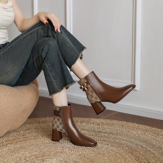 【预售5天】方头复古拼色短靴女法式高跟秋冬新款皮带扣粗跟时装皮靴MGCJ&9229 商品图4