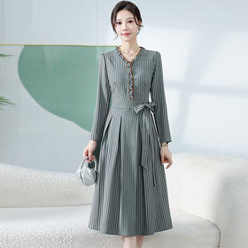 QYM 6481-Y条纹连衣裙收腰系带木耳边时尚连衣裙