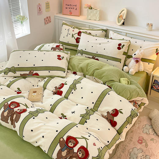 占姆士奥莱款【牛奶绒四件套】秋冬加厚小清新法莱绒床单 床笠被套三件套 床上用品 商品图6