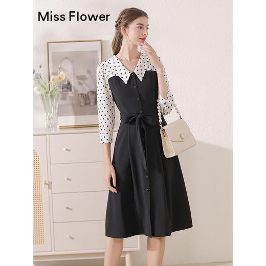 勿忘花黑色气质拼接时尚连衣裙女2024秋季新款假两件收腰显瘦裙子 商品图3